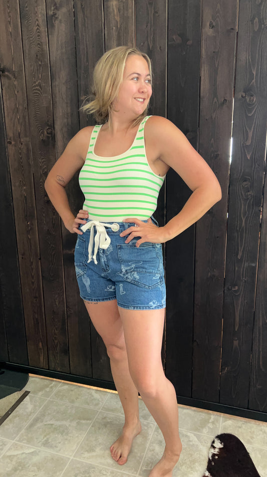 White & Green striped body suit