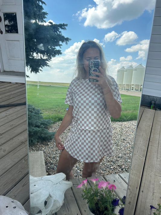 Beige checkered skort set
