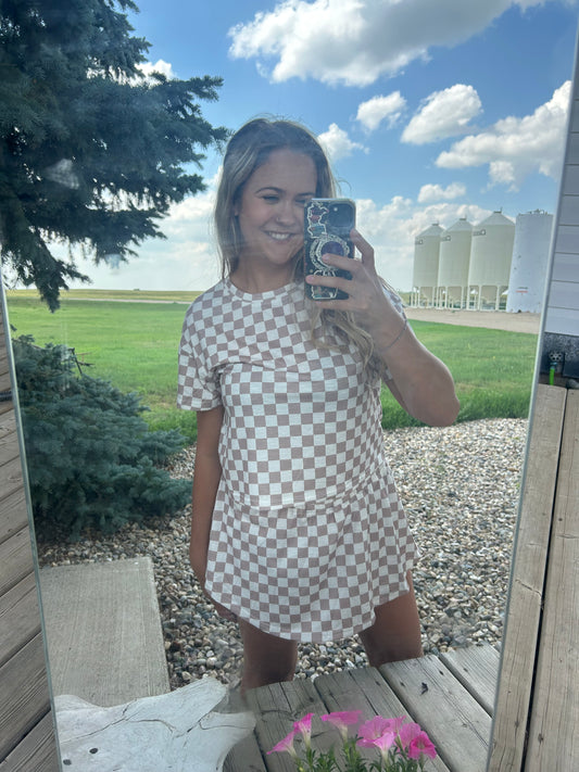 Beige checkered skort set