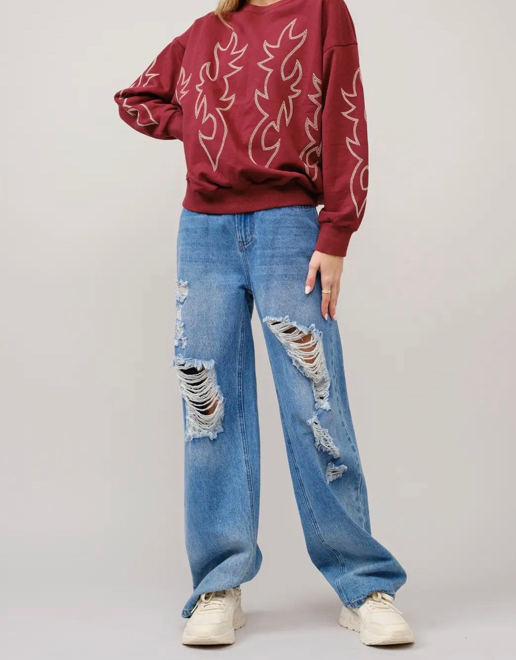 Red embroidered boot stitch crew