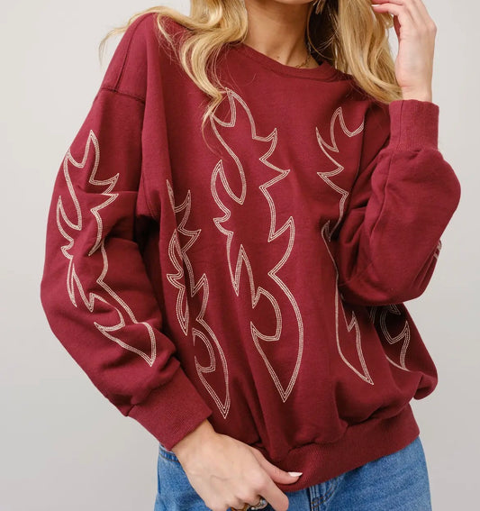 Red embroidered boot stitch crew