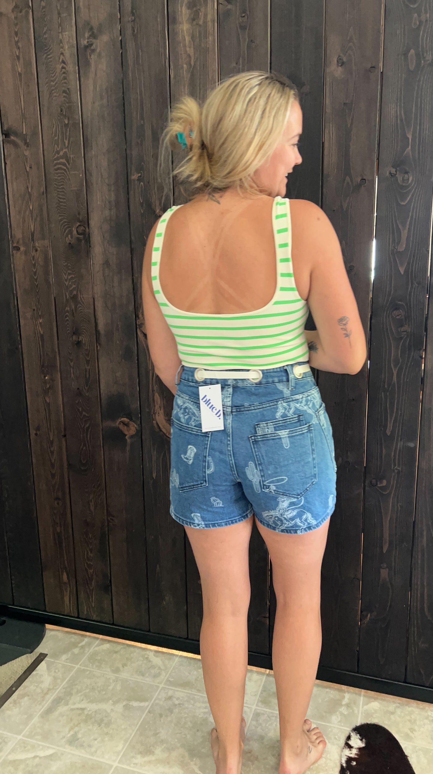 White & Green striped body suit
