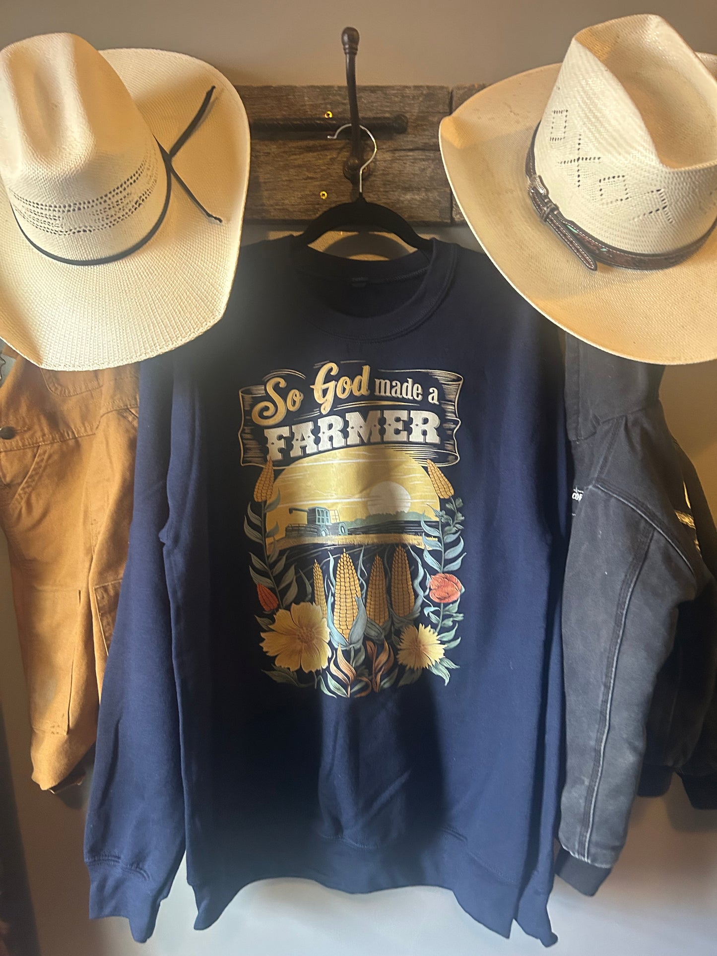 so god made a farmer navy crewneck